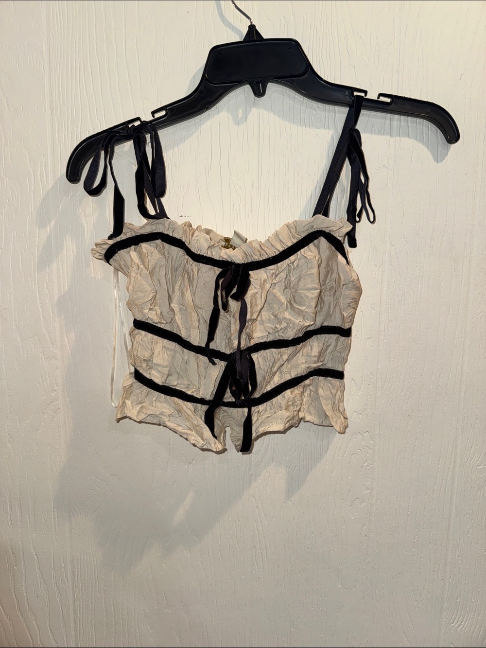 Cream Corset-Style Crop Top with Black Trim